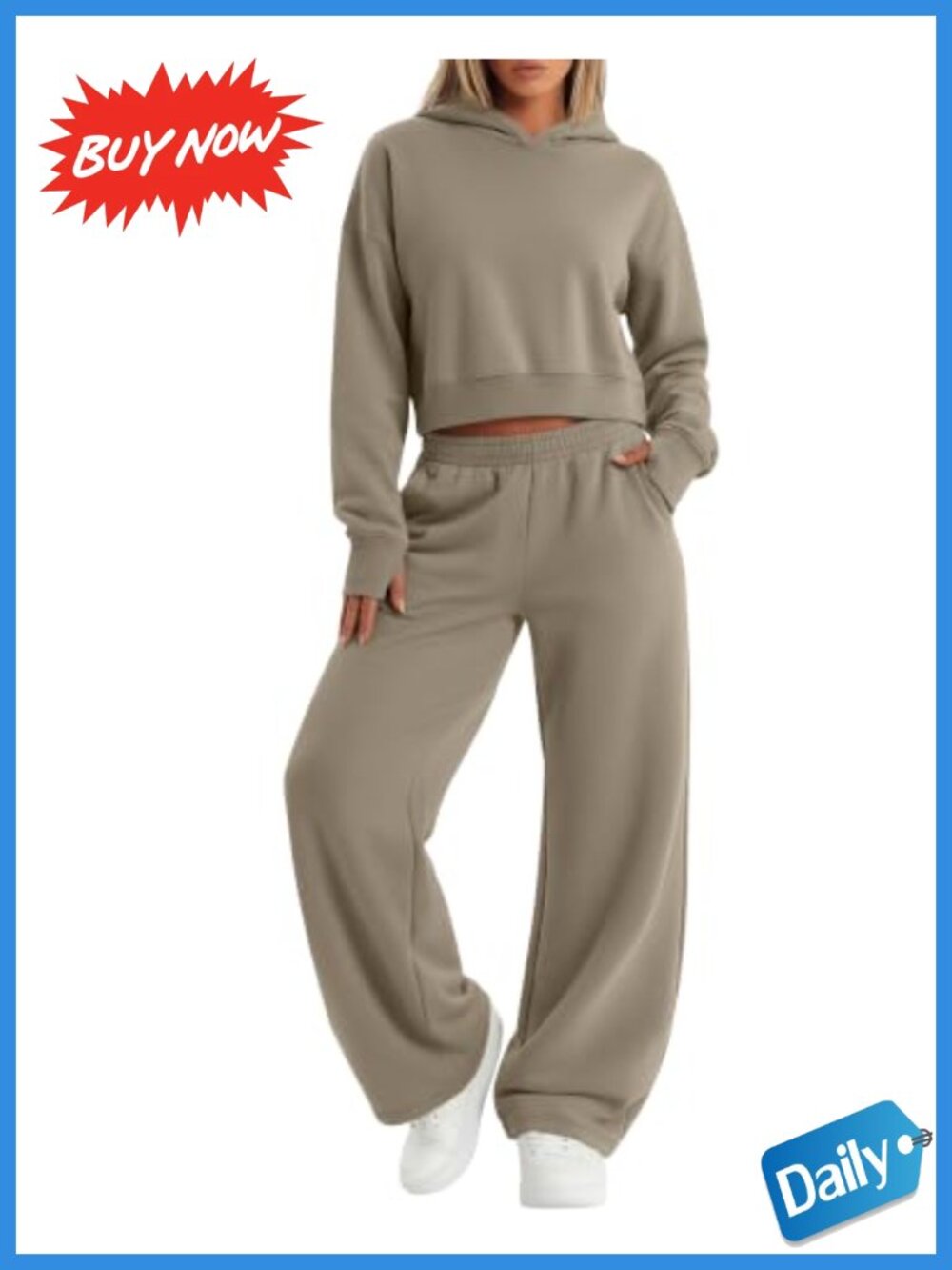 Women's 2 Piece Fleece Sweatsuit Cotton Blend Crop Hoodie Wide Leg Sweatpants